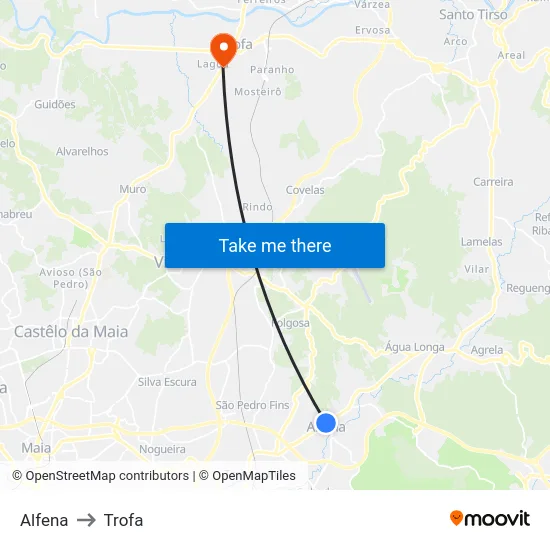 Alfena to Trofa map