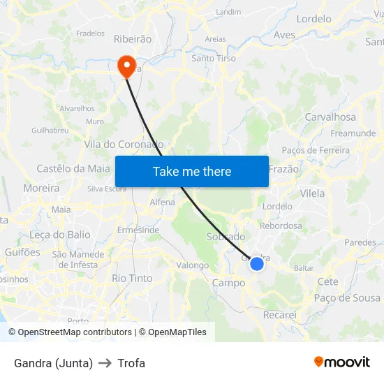 Gandra (Junta) to Trofa map