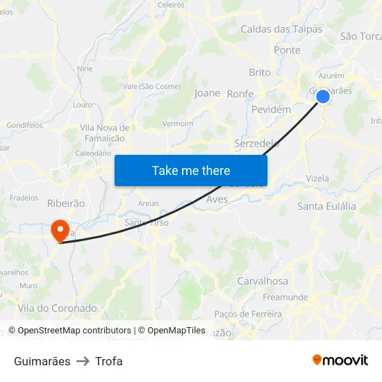 Guimarães to Trofa map