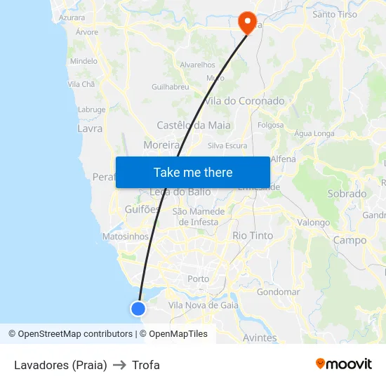 Lavadores (Praia) to Trofa map