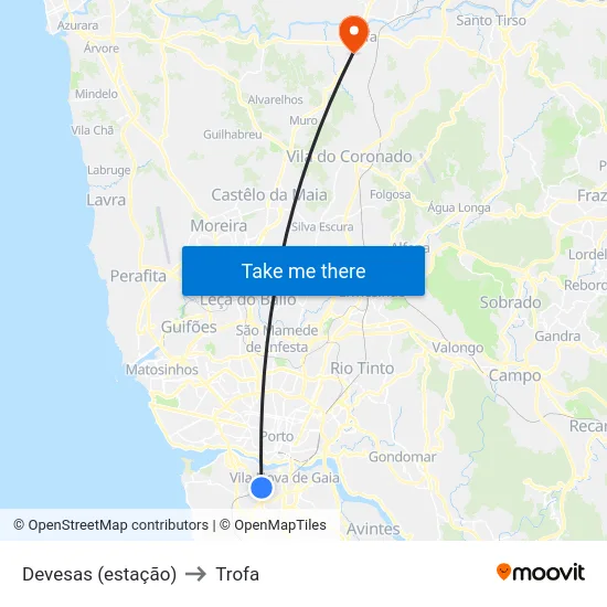Devesas (estação) to Trofa map