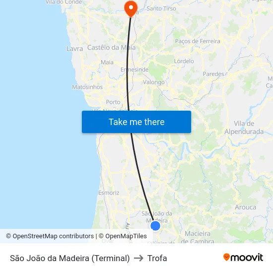 São João da Madeira (Terminal) to Trofa map