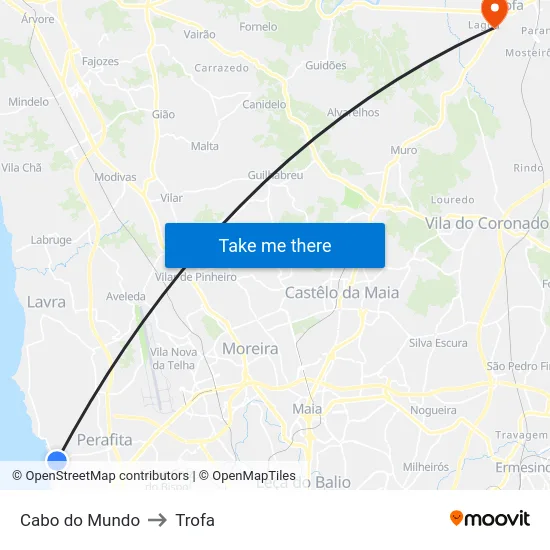 Cabo do Mundo to Trofa map