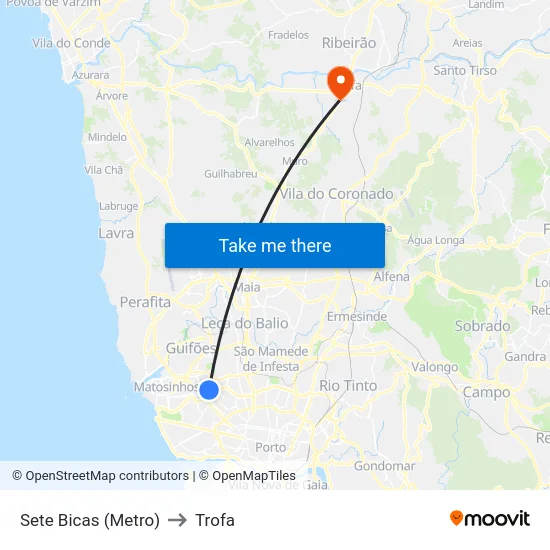 Sete Bicas (Metro) to Trofa map
