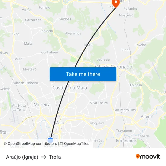 Araújo (Igreja) to Trofa map