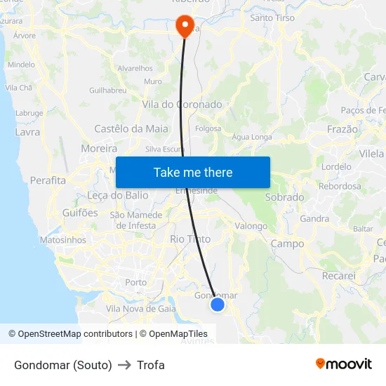 Gondomar (Souto) to Trofa map