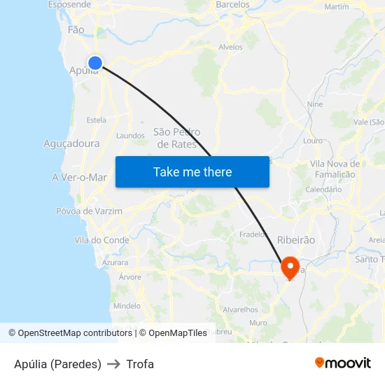 Apúlia (Paredes) to Trofa map