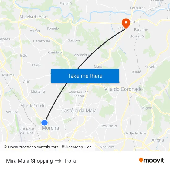 Mira Maia Shopping to Trofa map