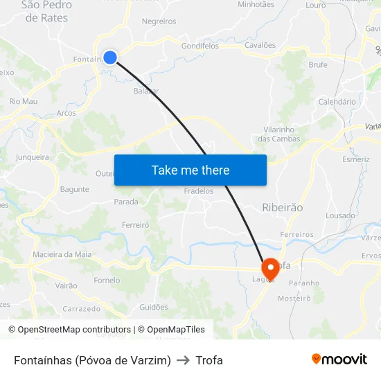 Fontaínhas (Póvoa de Varzim) to Trofa map