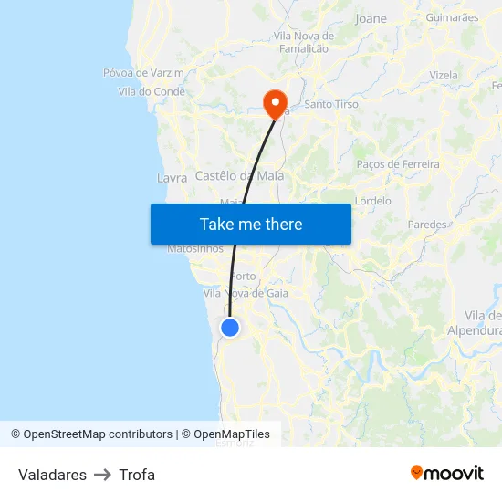 Valadares to Trofa map