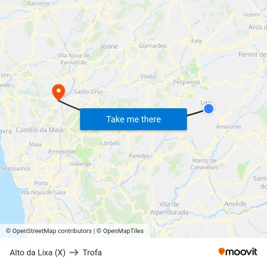 Alto da Lixa (X) to Trofa map