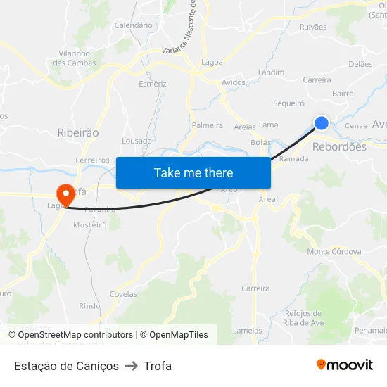 Estação de Caniços to Trofa map
