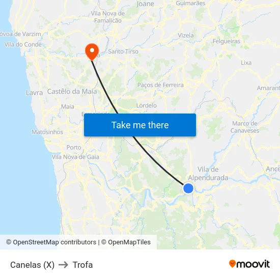 Canelas (X) to Trofa map