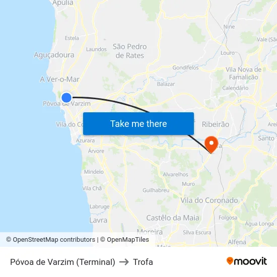 Póvoa de Varzim (Terminal) to Trofa map