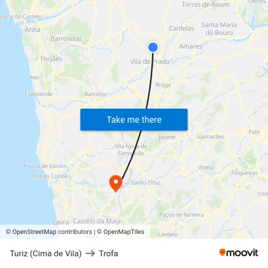 Turiz (Cima de Vila) to Trofa map