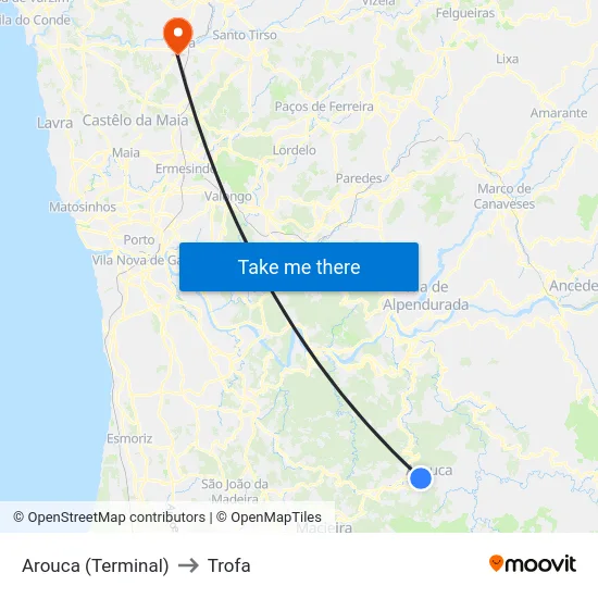 Arouca (Terminal) to Trofa map