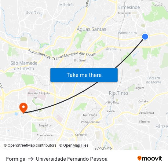 Formiga to Universidade Fernando Pessoa map