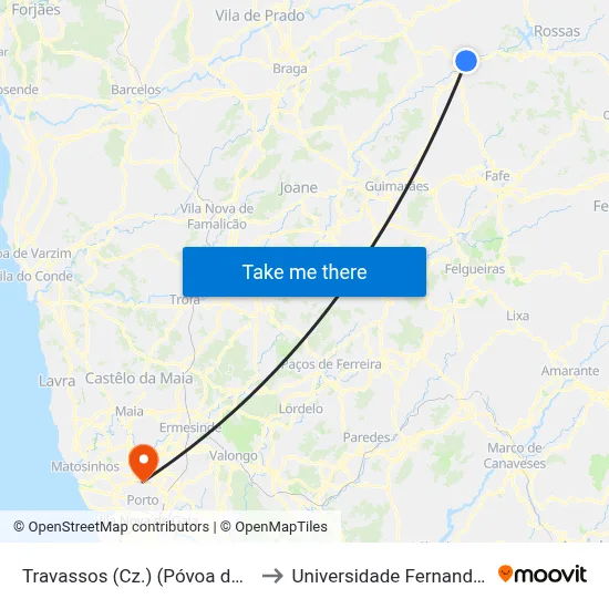 Travassos (Cz.) (Póvoa de Lanhoso) to Universidade Fernando Pessoa map