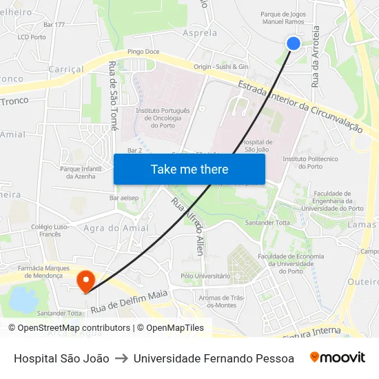 Hospital São João to Universidade Fernando Pessoa map