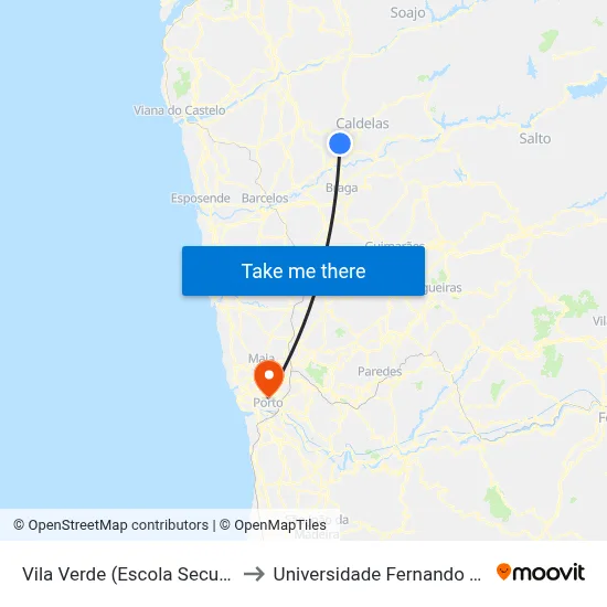 Vila Verde (Escola Secundária) to Universidade Fernando Pessoa map