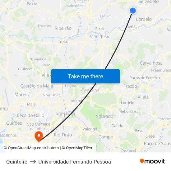 Quinteiro to Universidade Fernando Pessoa map