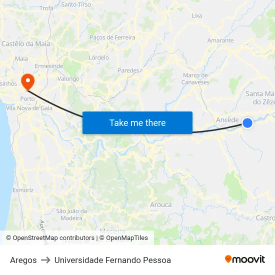 Aregos to Universidade Fernando Pessoa map
