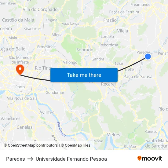 Paredes to Universidade Fernando Pessoa map