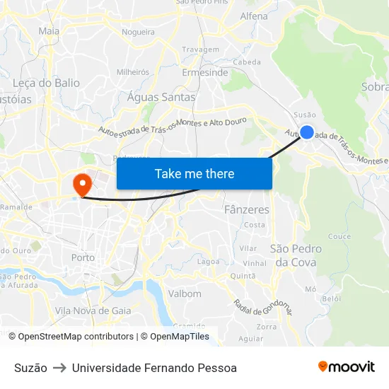 Suzão to Universidade Fernando Pessoa map