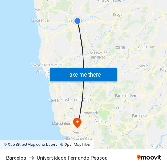 Barcelos to Universidade Fernando Pessoa map