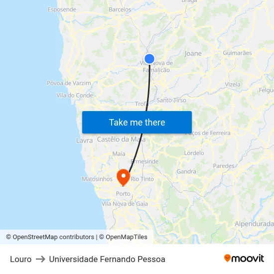 Louro to Universidade Fernando Pessoa map