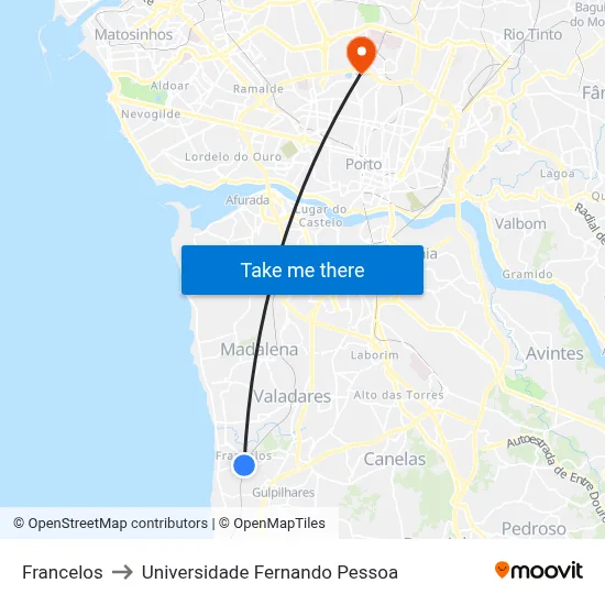 Francelos to Universidade Fernando Pessoa map