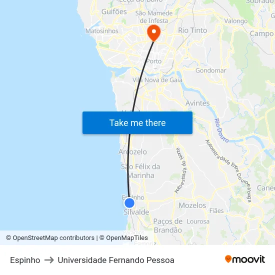 Espinho to Universidade Fernando Pessoa map