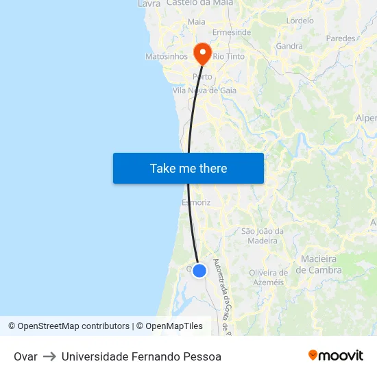 Ovar to Universidade Fernando Pessoa map