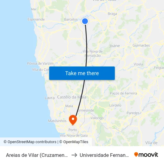 Areias de Vilar (Cruzamento Caslopo) to Universidade Fernando Pessoa map