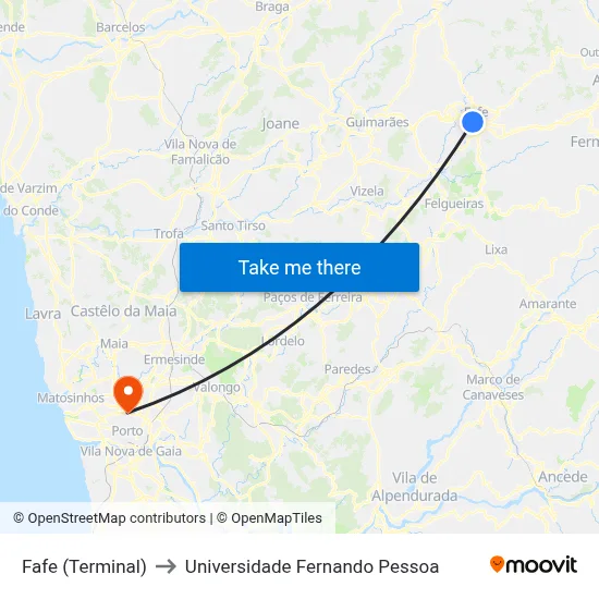 Fafe (Terminal) to Universidade Fernando Pessoa map