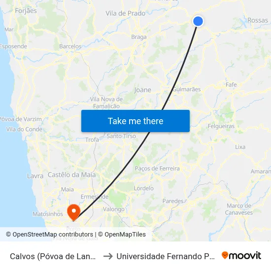 Calvos (Póvoa de Lanhoso) to Universidade Fernando Pessoa map