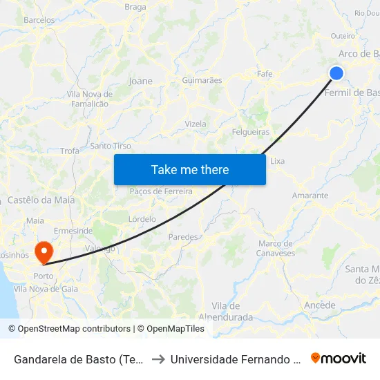 Gandarela de Basto (Terminal) to Universidade Fernando Pessoa map
