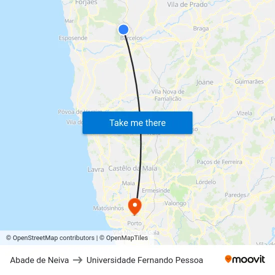 Abade de Neiva to Universidade Fernando Pessoa map