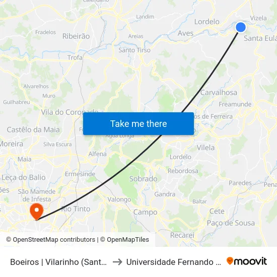 Boeiros | Vilarinho (Santo Tirso) to Universidade Fernando Pessoa map