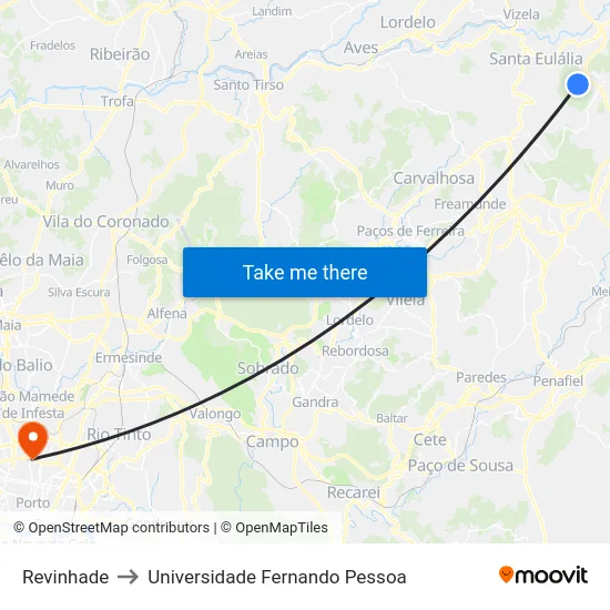 Revinhade to Universidade Fernando Pessoa map