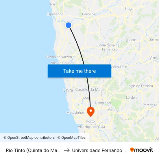 Rio Tinto (Quinta do Marachão) to Universidade Fernando Pessoa map