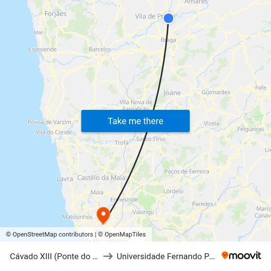 Cávado XIII (Ponte do Bico) to Universidade Fernando Pessoa map