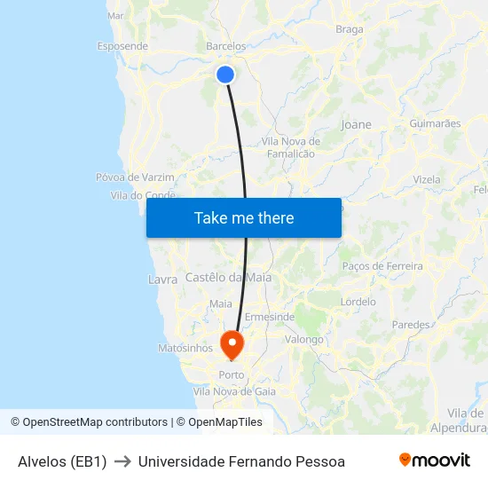Alvelos (EB1) to Universidade Fernando Pessoa map