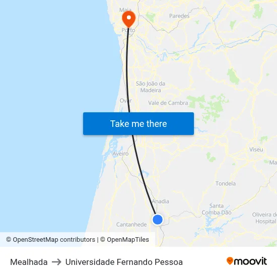 Mealhada to Universidade Fernando Pessoa map