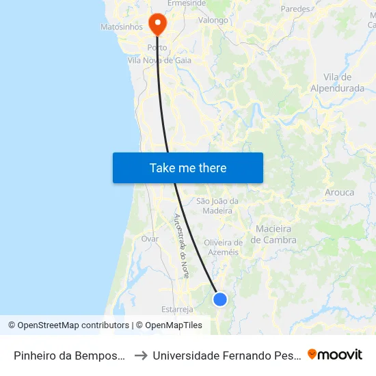 Pinheiro da Bemposta 2 to Universidade Fernando Pessoa map