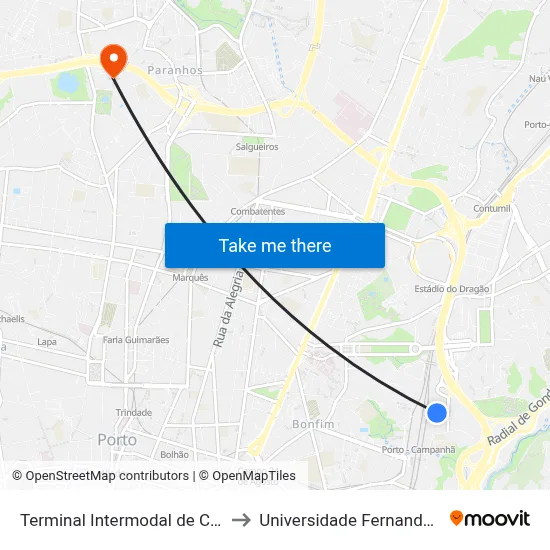 Terminal Intermodal de Campanhã to Universidade Fernando Pessoa map