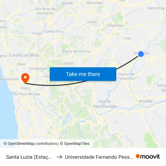 Santa Luzia (Estação) to Universidade Fernando Pessoa map