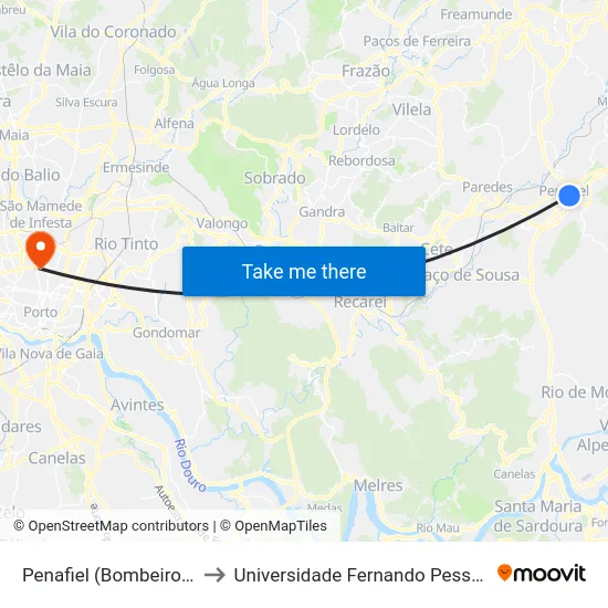 Penafiel (Bombeiros) to Universidade Fernando Pessoa map