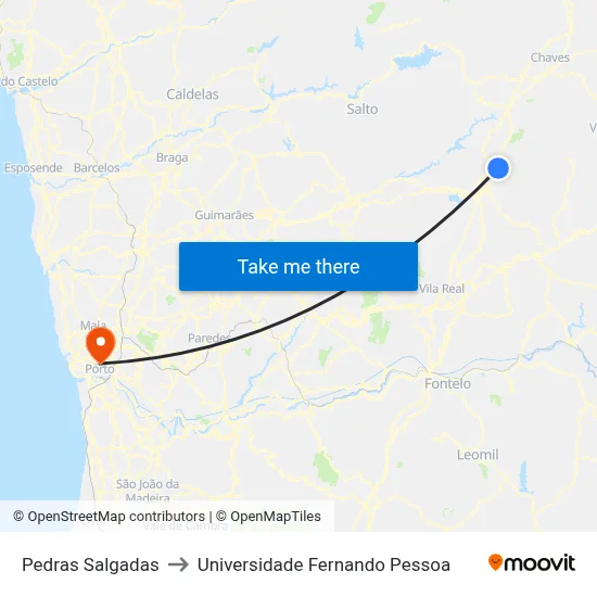 Pedras Salgadas to Universidade Fernando Pessoa map