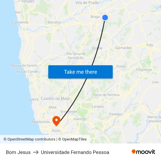 Bom Jesus to Universidade Fernando Pessoa map